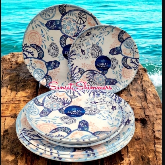 8pc Coastal Sea Turtle Coral Reef Melamine Dinner & Salad App Dessert Plate Set - Picture 4 of 4